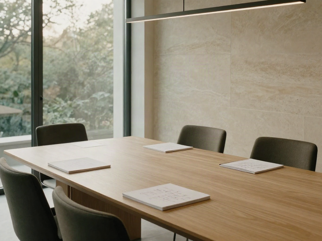 A light-filled boardroom with an oak table, prepared for a focused business review