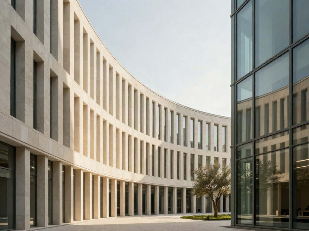 Curved limestone architecture and glass facades framing an open, sunlit corporate courtyard